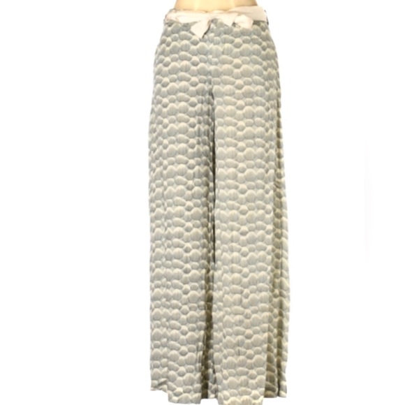 Elevenses Anthropologie Herringbone Wide Leg Pants Blue Ivory Belt Size 6 - Picture 1 of 11